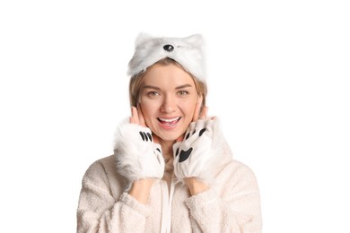 Photo of Quadrobics. Smiling woman wearing cat mask and gloves on white background