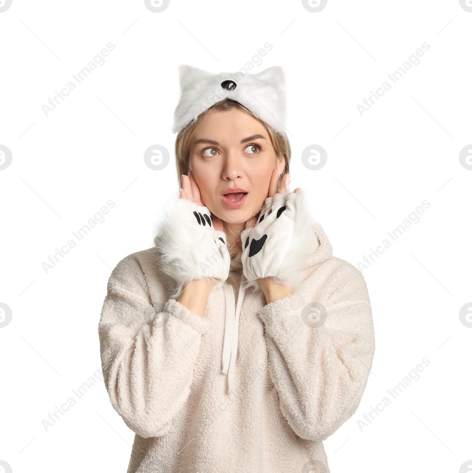 Photo of Quadrobics. Woman wearing cat mask and gloves on white background