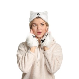 Photo of Quadrobics. Woman wearing cat mask and gloves on white background