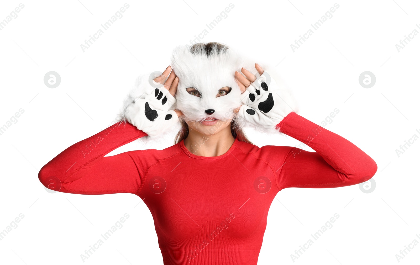 Photo of Quadrobics. Woman wearing cat mask and gloves on white background