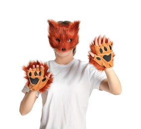 Photo of Quadrobics. Woman wearing fox mask and gloves on white background