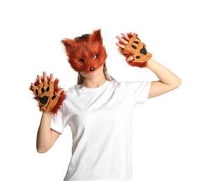 Photo of Quadrobics. Woman wearing fox mask and gloves on white background