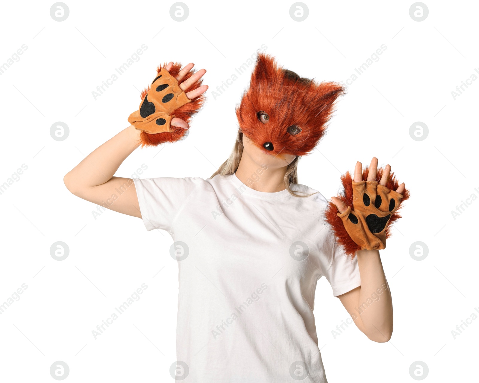 Photo of Quadrobics. Woman wearing fox mask and gloves on white background