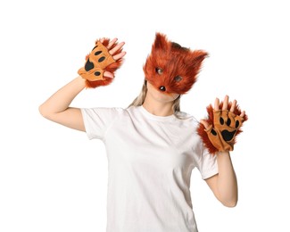 Photo of Quadrobics. Woman wearing fox mask and gloves on white background