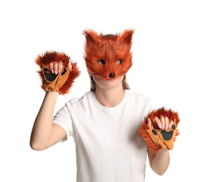 Photo of Quadrobics. Woman wearing fox mask and gloves on white background