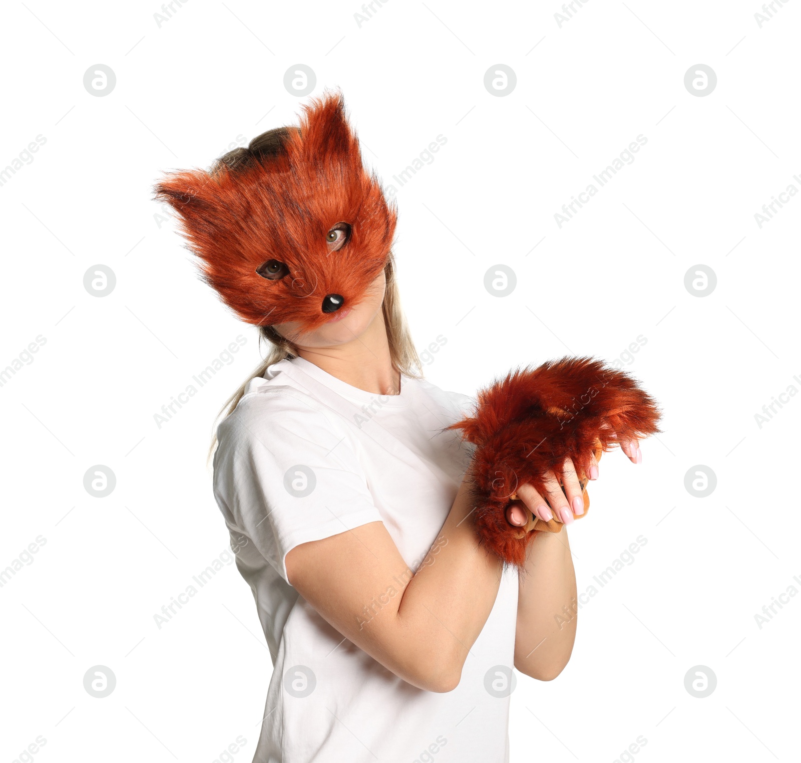 Photo of Quadrobics. Woman wearing fox mask and gloves on white background