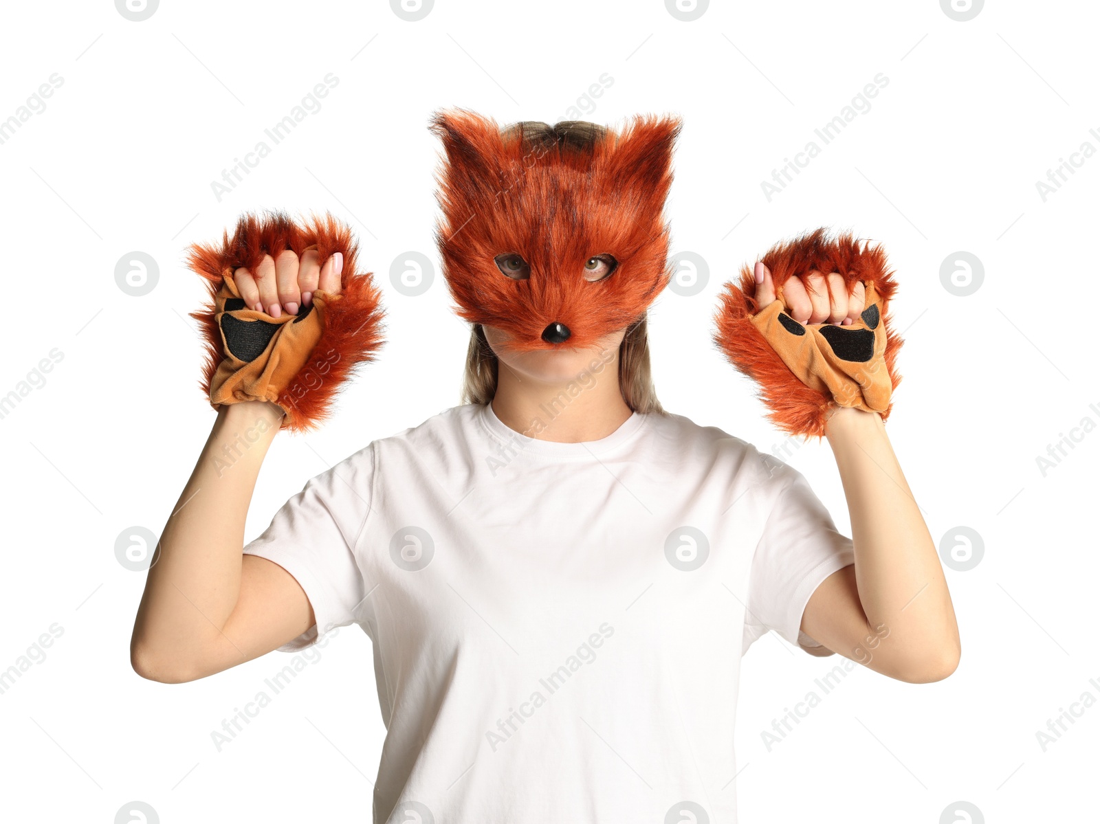 Photo of Quadrobics. Woman wearing fox mask and gloves on white background