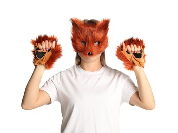 Photo of Quadrobics. Woman wearing fox mask and gloves on white background