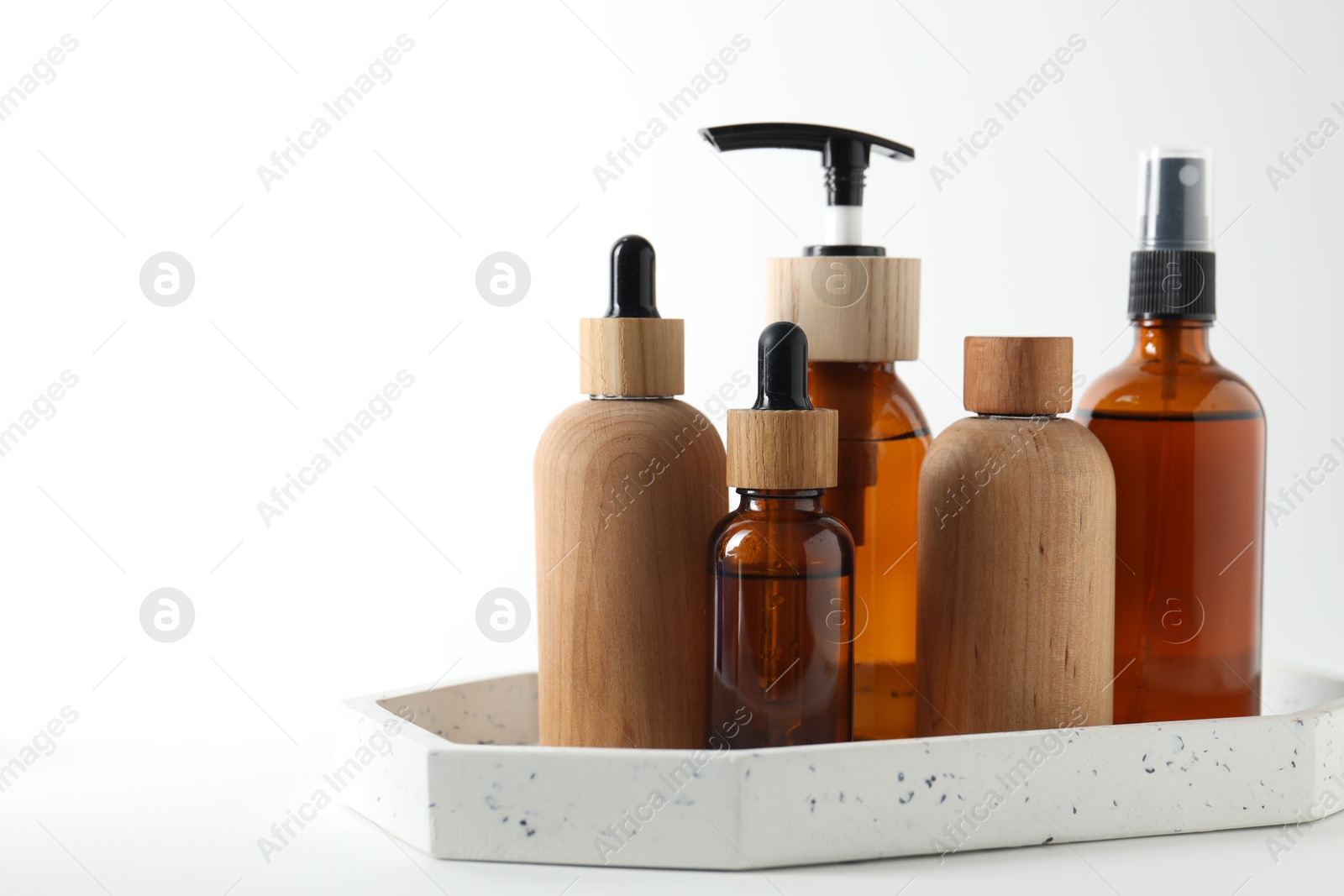 Photo of Different cosmetic products on white background, space for text