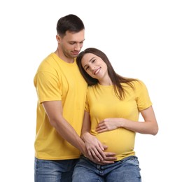 Photo of Pregnant woman and her husband on white background