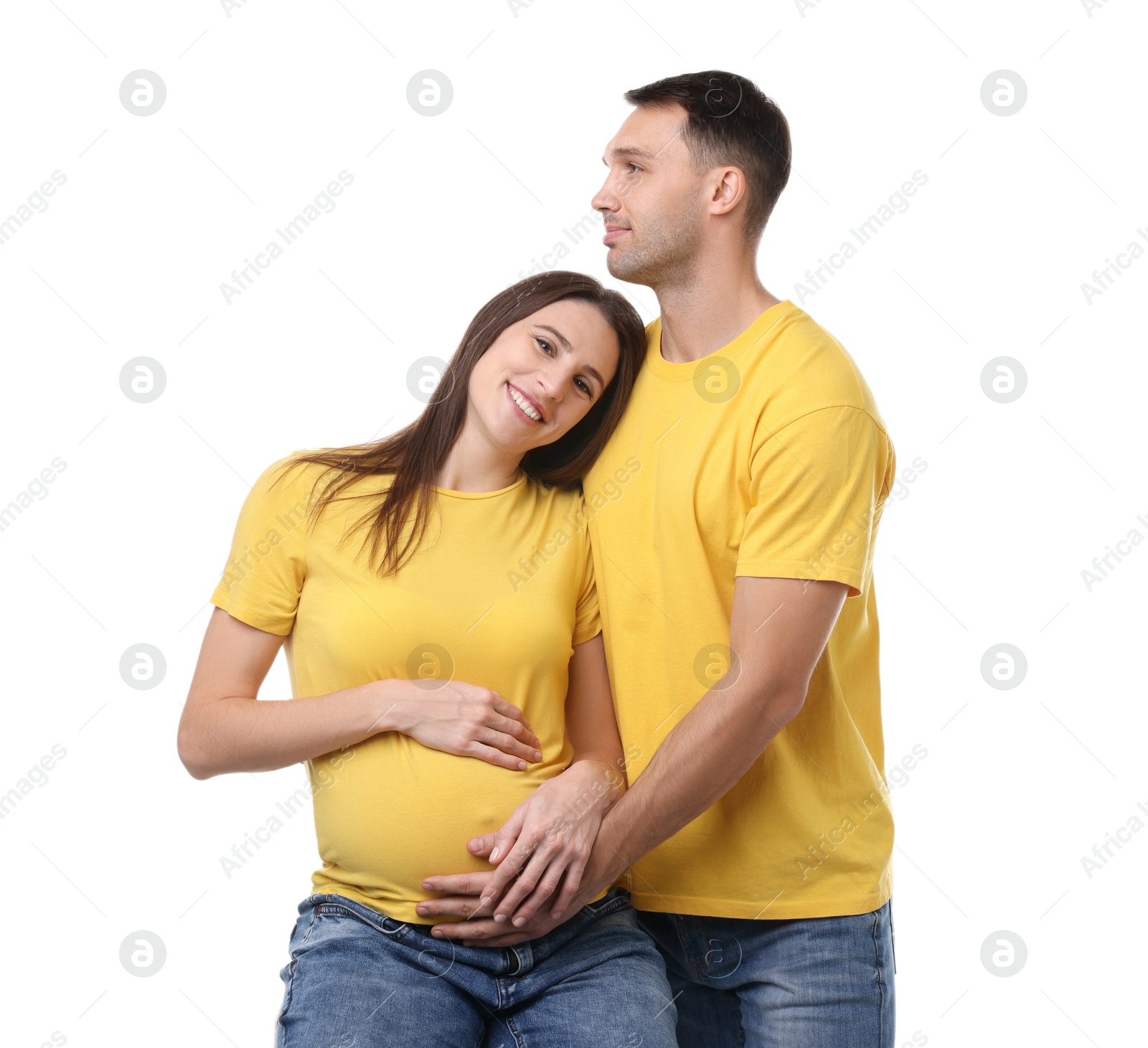 Photo of Pregnant woman and her husband on white background