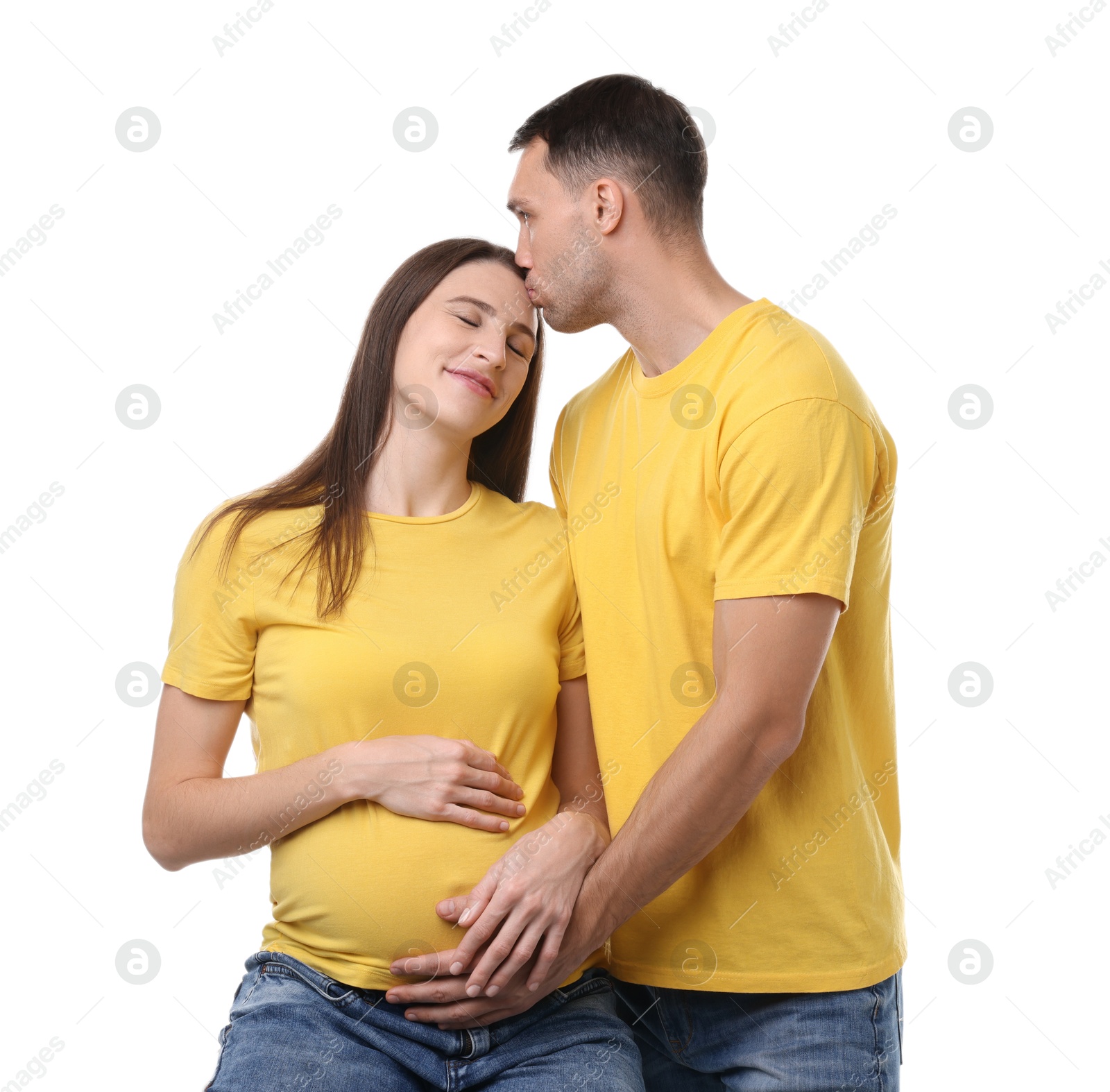 Photo of Pregnant woman and her husband on white background