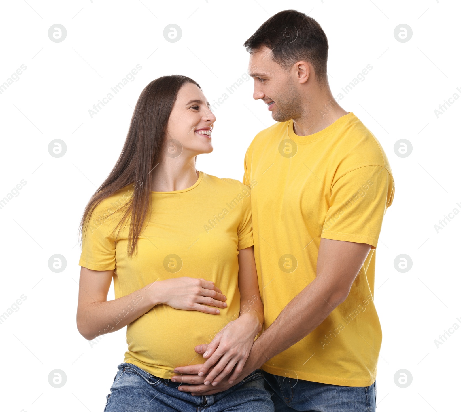 Photo of Pregnant woman and her husband on white background