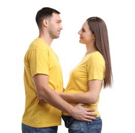 Photo of Pregnant woman and her husband on white background