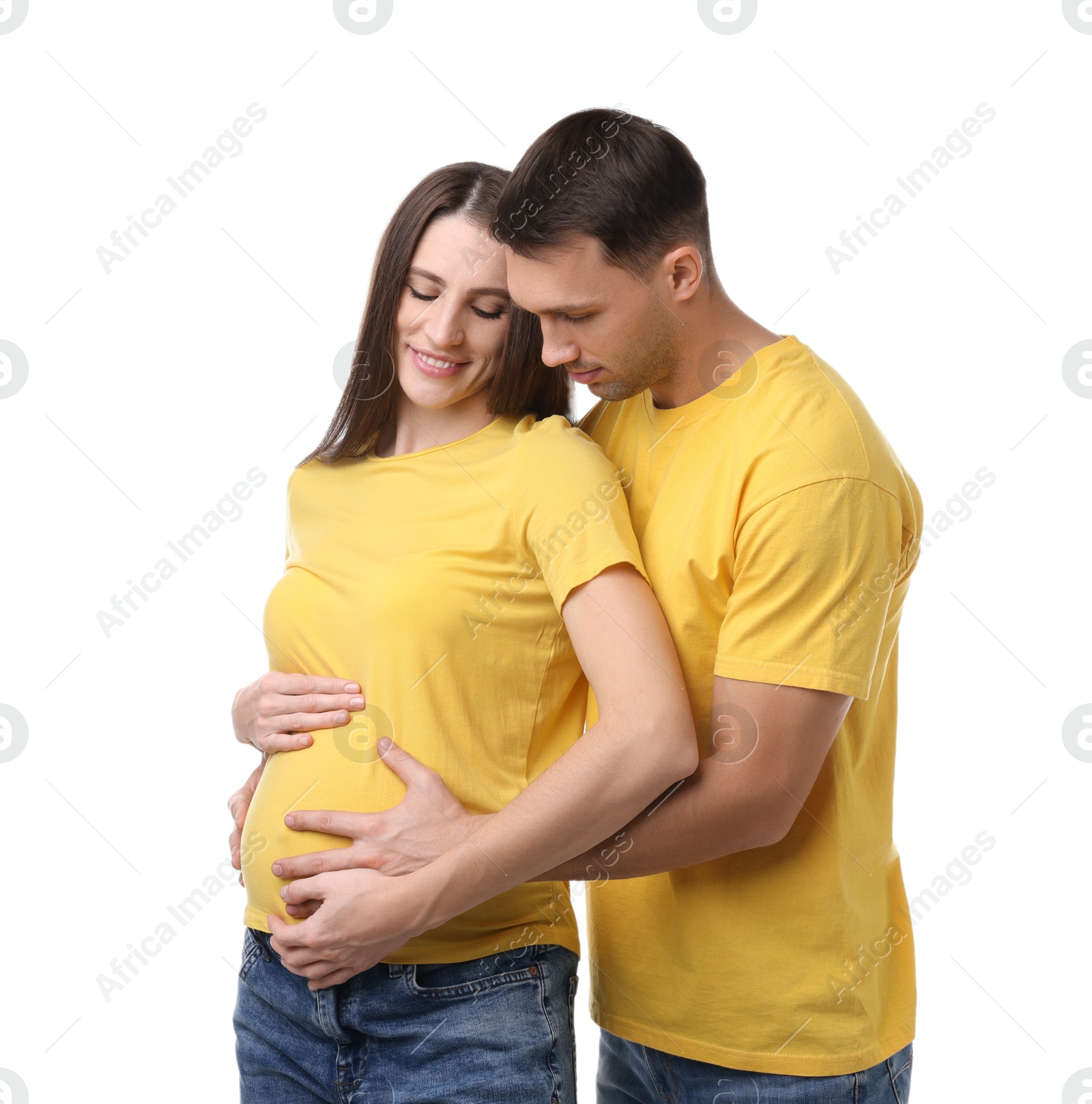 Photo of Pregnant woman and her husband on white background