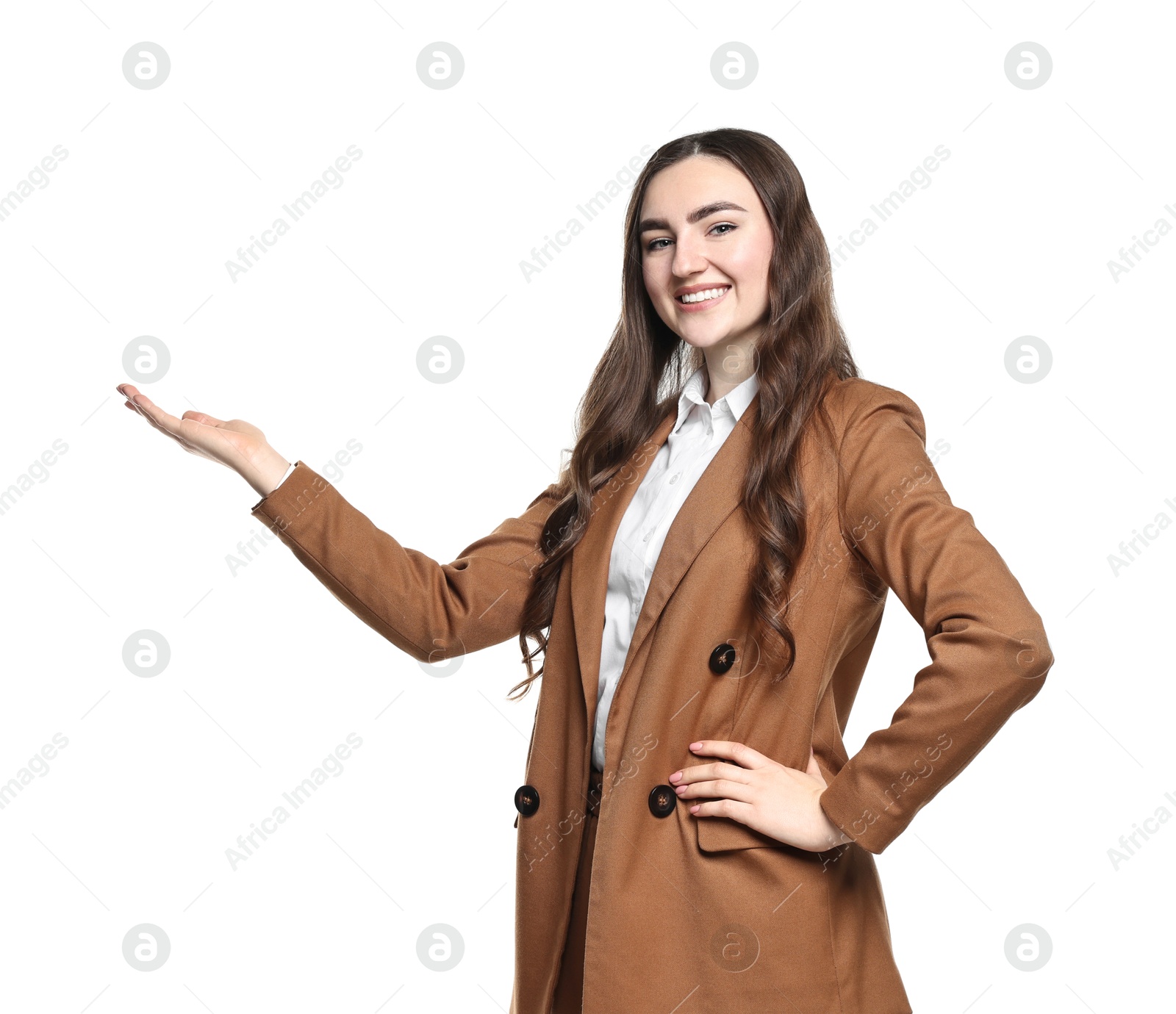 Photo of Happy businesswoman welcoming clients or partners on white background