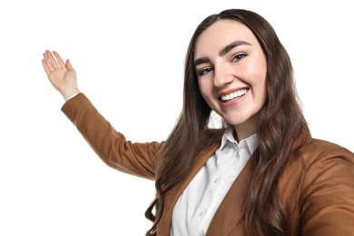 Photo of Happy businesswoman welcoming clients or partners on white background, view through front camera of gadget