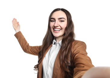 Photo of Happy businesswoman welcoming clients or partners on white background, view through front camera of gadget