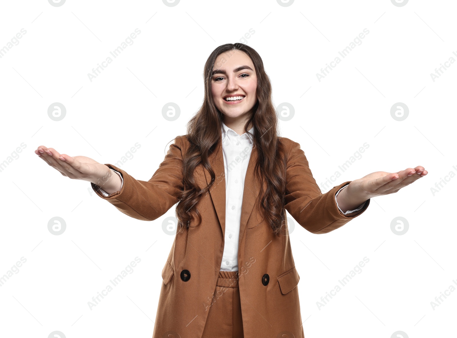 Photo of Happy businesswoman welcoming clients or partners on white background