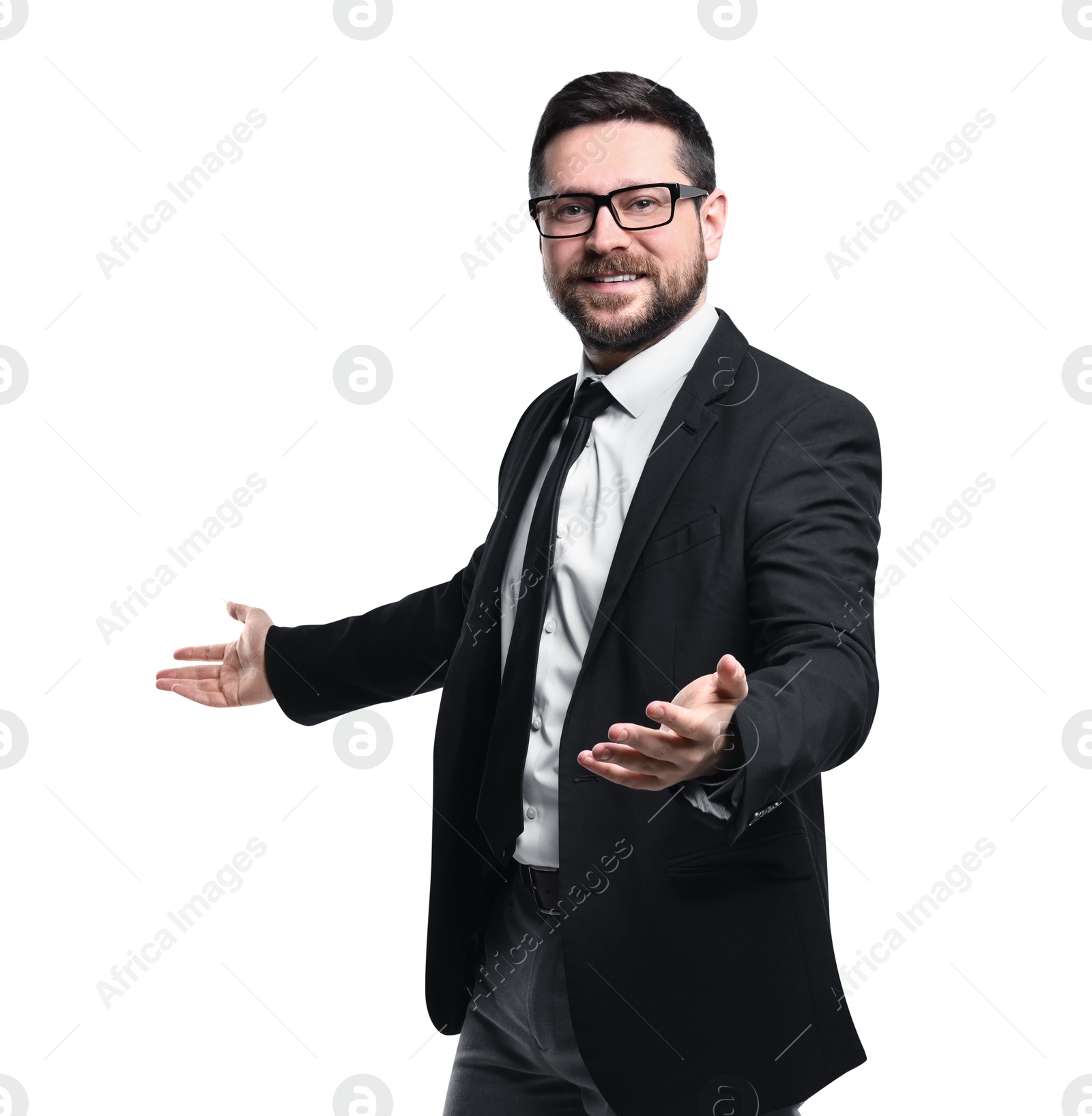 Photo of Happy businessman welcoming clients or partners on white background