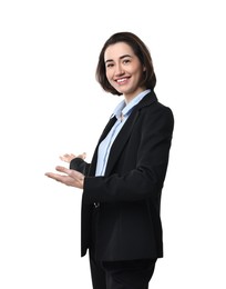 Photo of Happy businesswoman welcoming clients or partners on white background