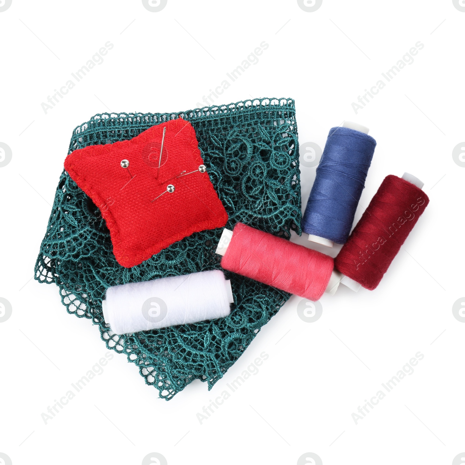 Photo of Different sewing supplies isolated on white, top view