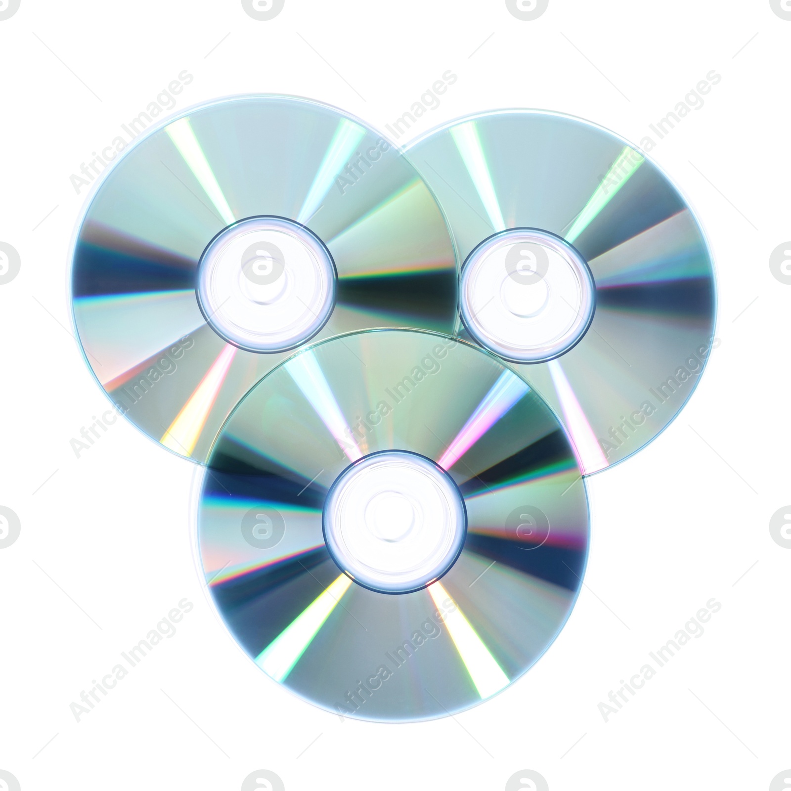 Photo of Shiny compact discs isolated on white, top view