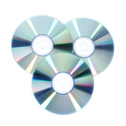 Photo of Shiny compact discs isolated on white, top view