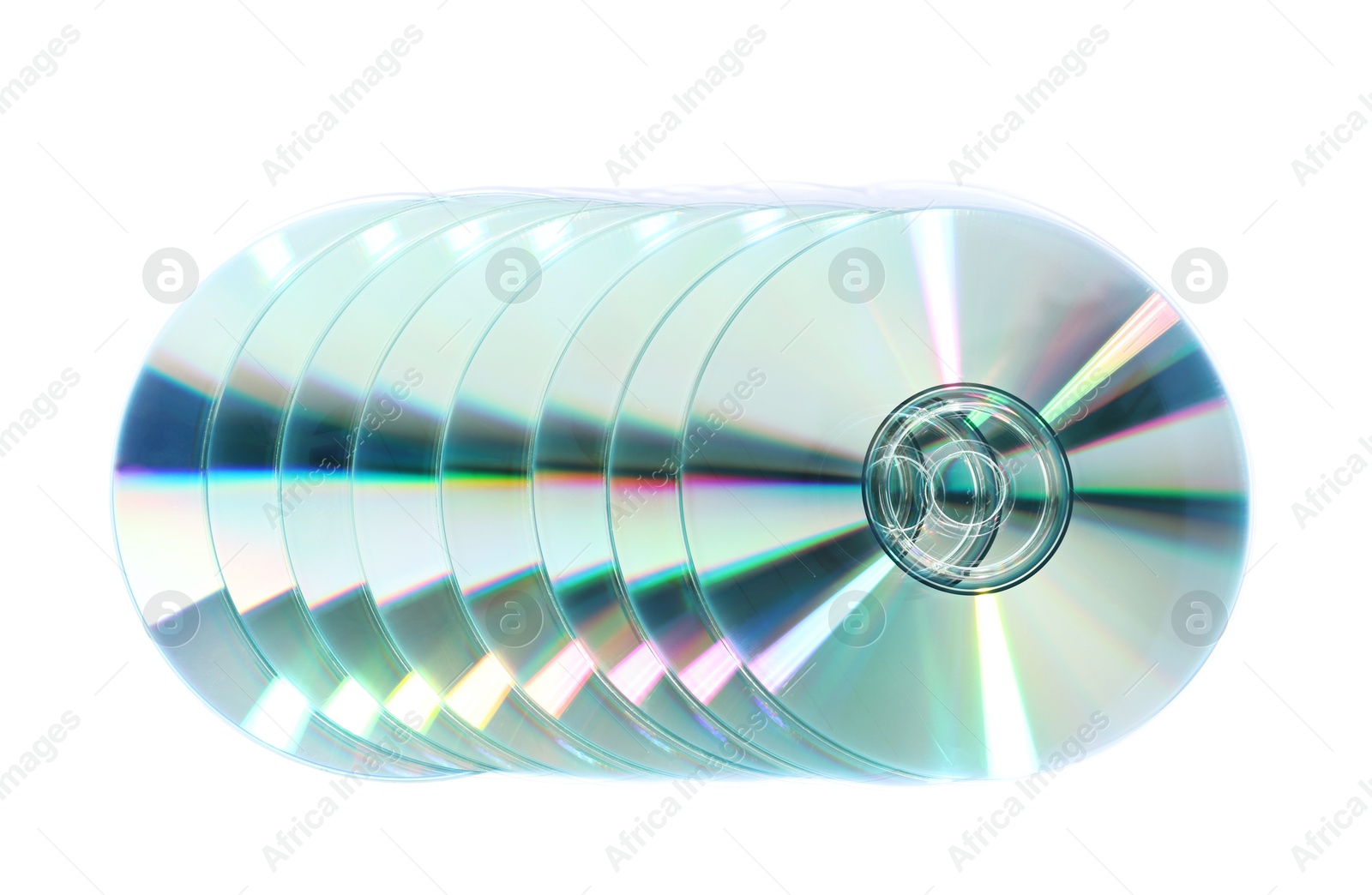 Photo of Shiny compact discs isolated on white, top view