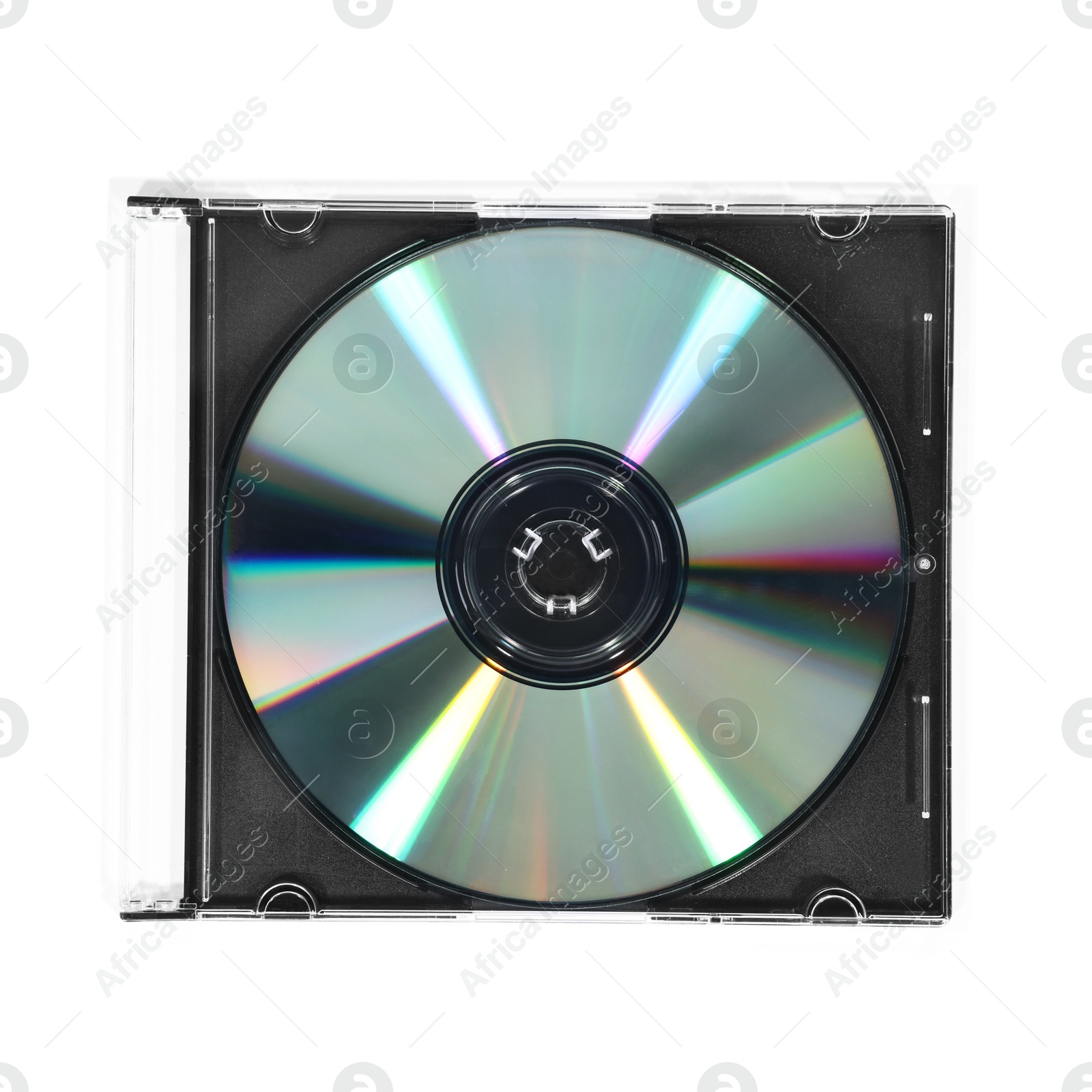 Photo of Shiny compact disc in jewel case isolated on white