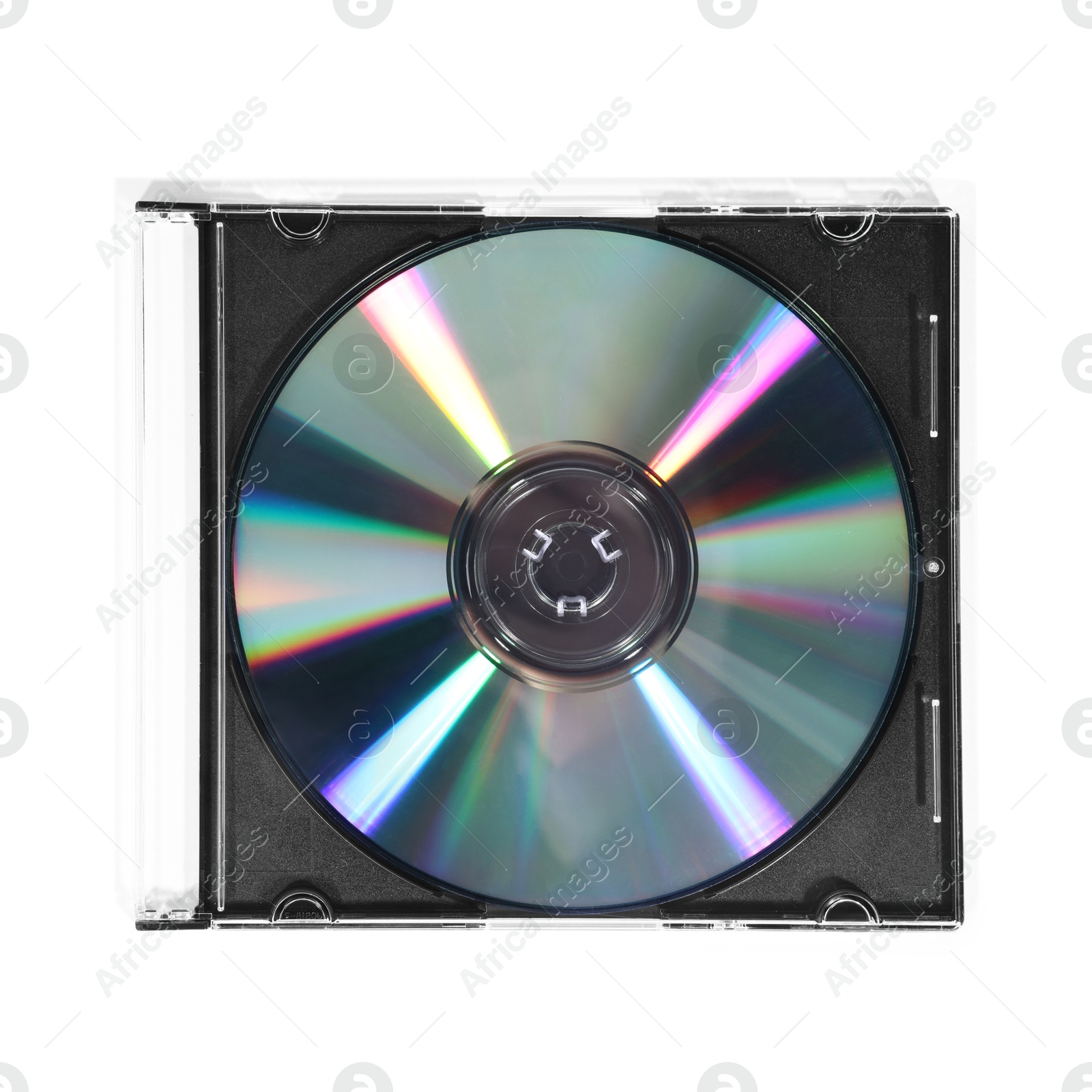 Photo of Shiny compact disc in jewel case isolated on white