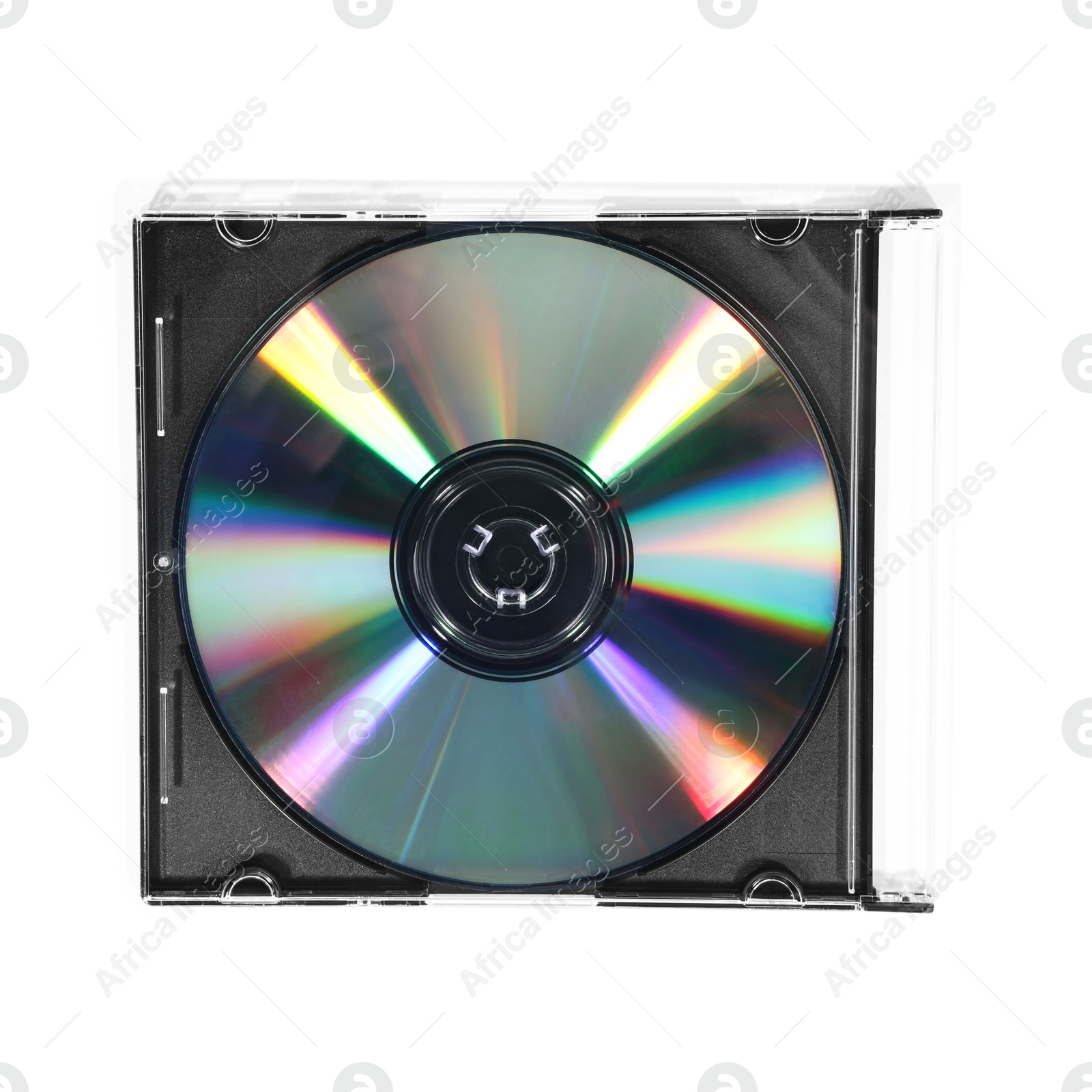 Photo of Shiny compact disc in jewel case isolated on white