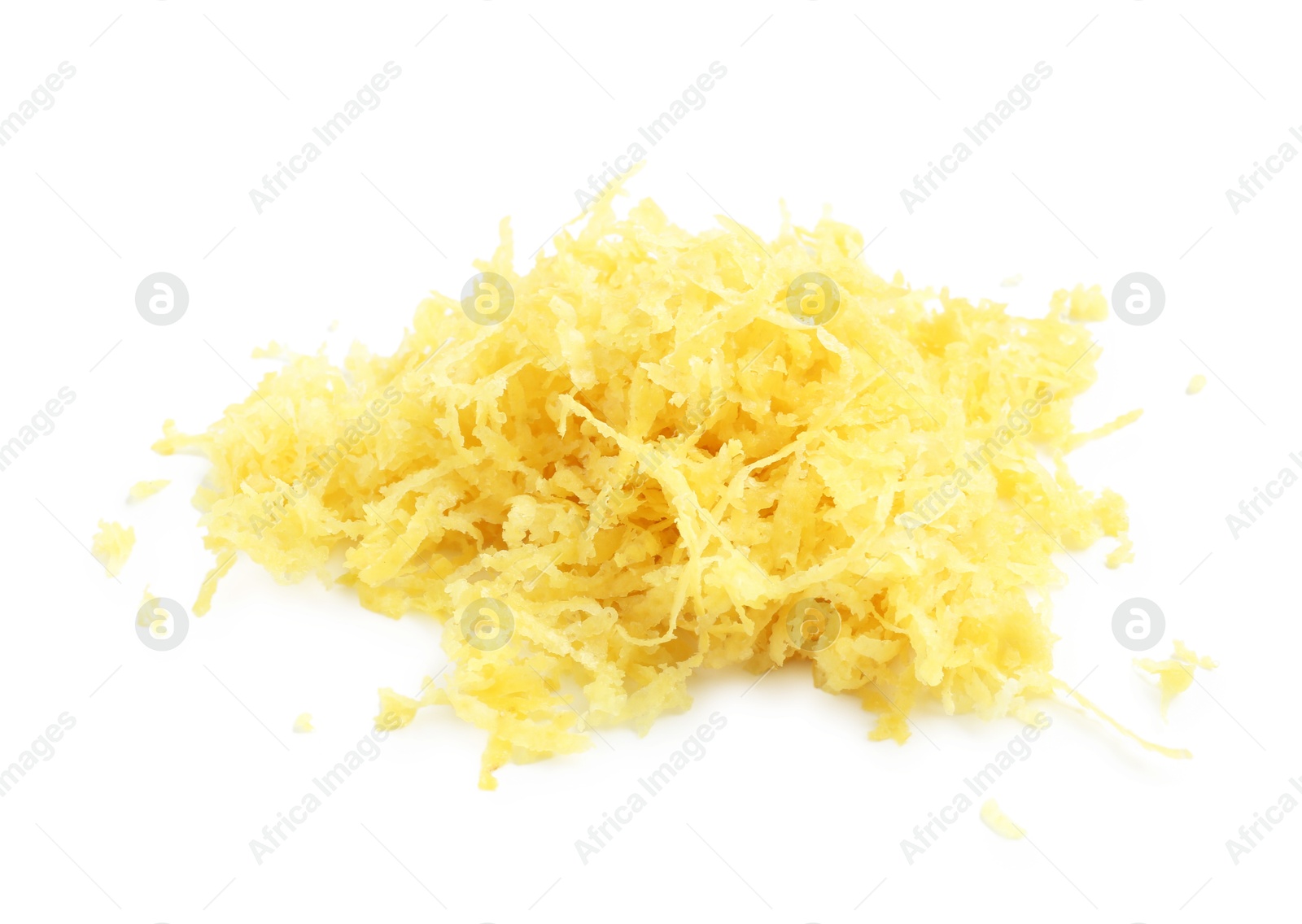 Photo of Pile of lemon zest isolated on white