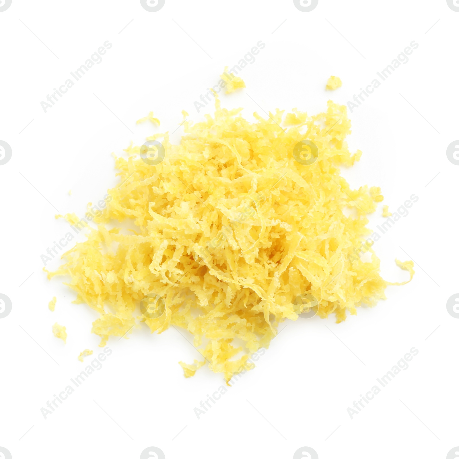 Photo of Pile of lemon zest isolated on white, top view