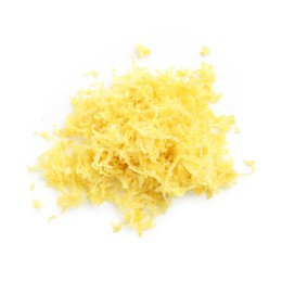 Photo of Pile of lemon zest isolated on white, top view