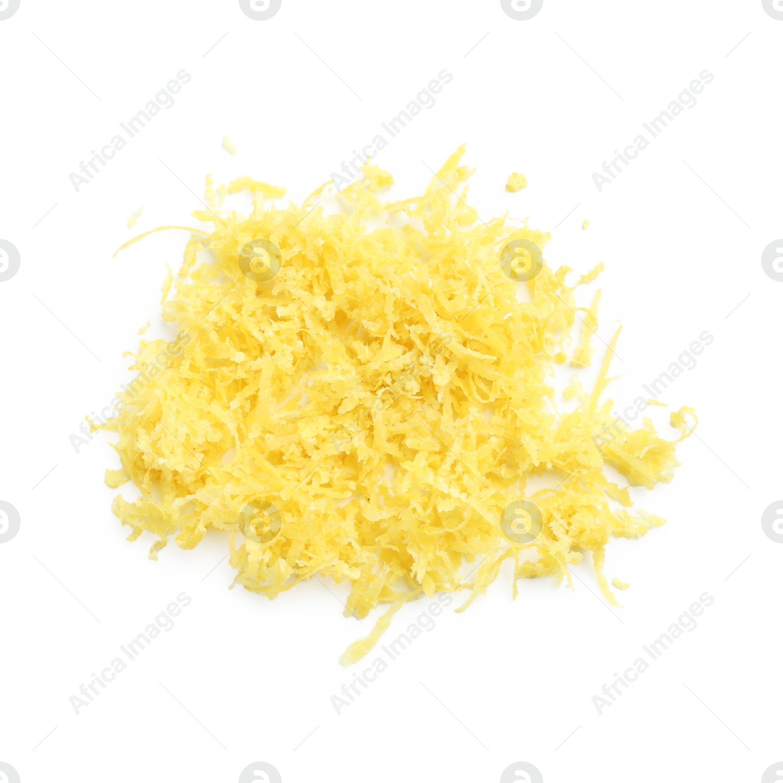 Photo of Pile of lemon zest isolated on white, top view