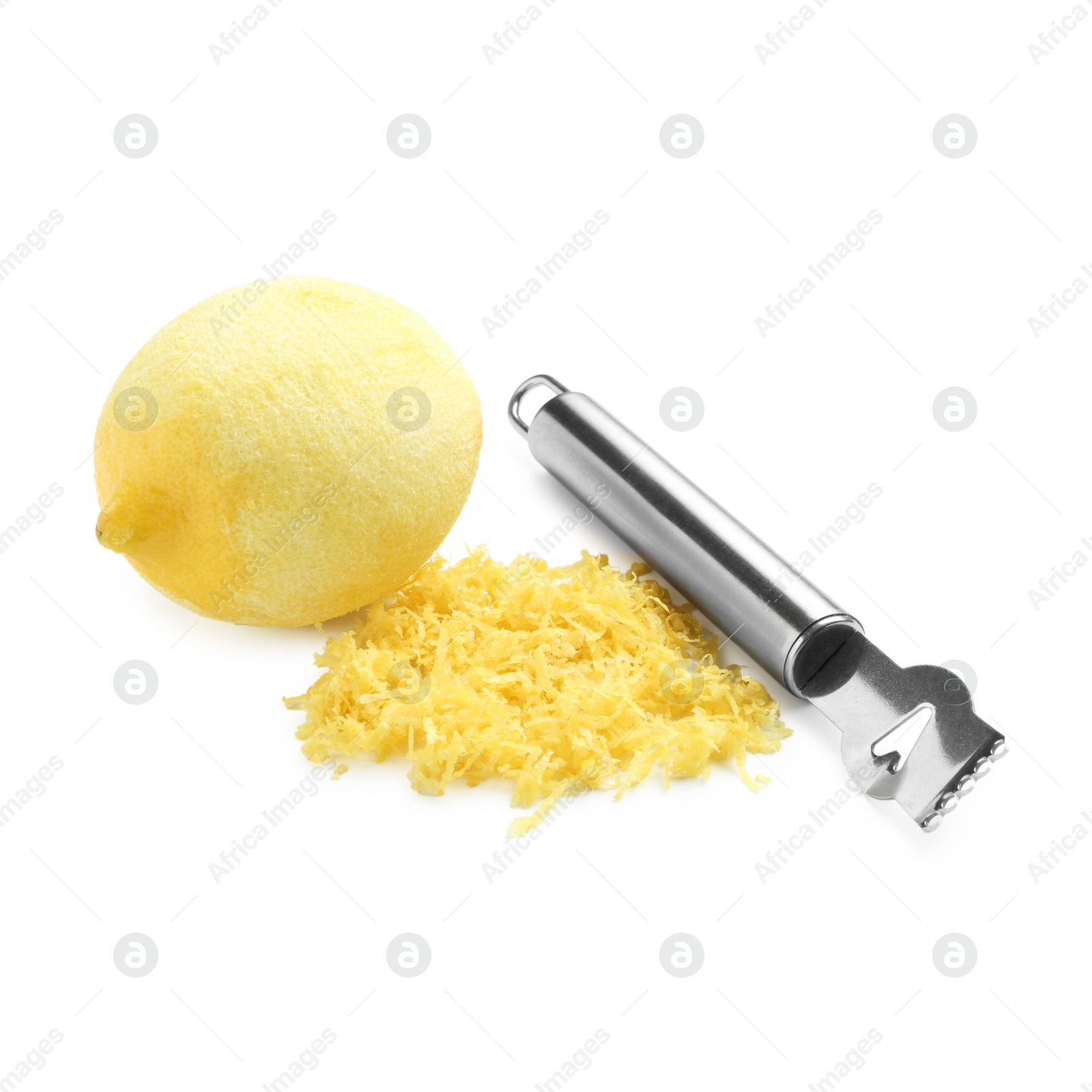 Photo of Lemon zest, fresh fruit and zester tool isolated on white