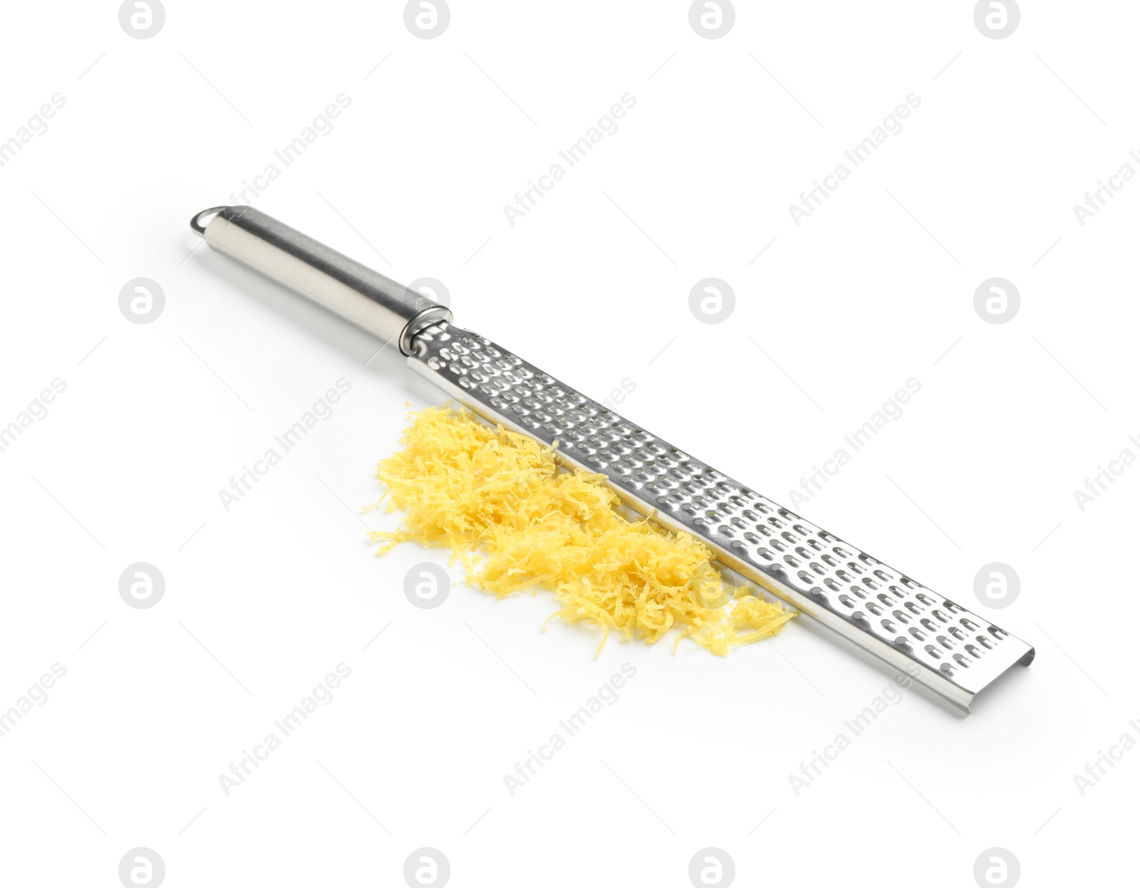 Photo of Fresh lemon zest and grater isolated on white