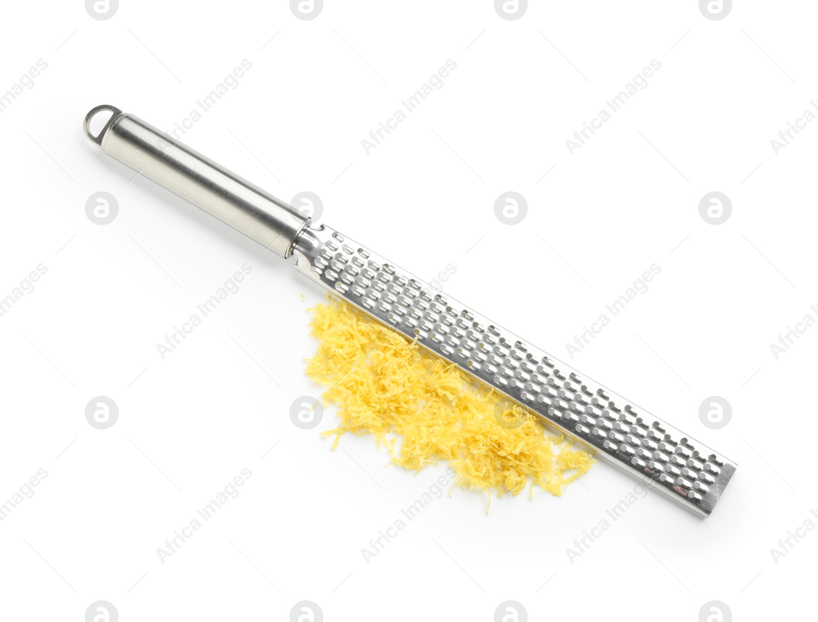 Photo of Fresh lemon zest and grater isolated on white