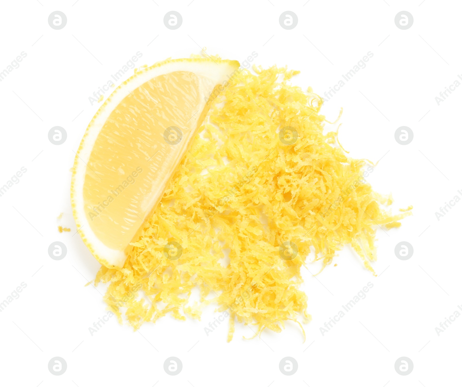 Photo of Fresh lemon zest and fruit slice isolated on white, top view