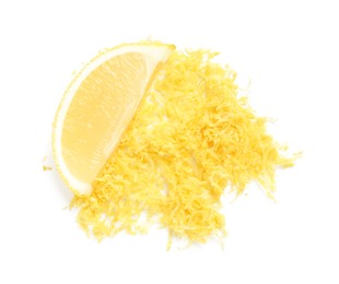 Photo of Fresh lemon zest and fruit slice isolated on white, top view