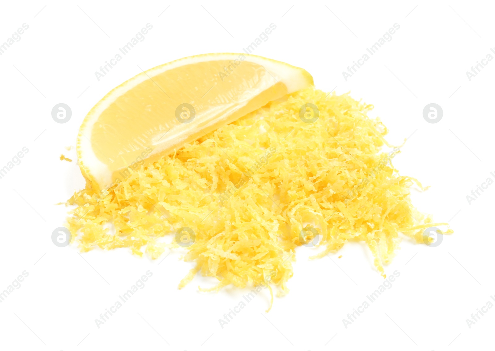 Photo of Fresh lemon zest and fruit slice isolated on white