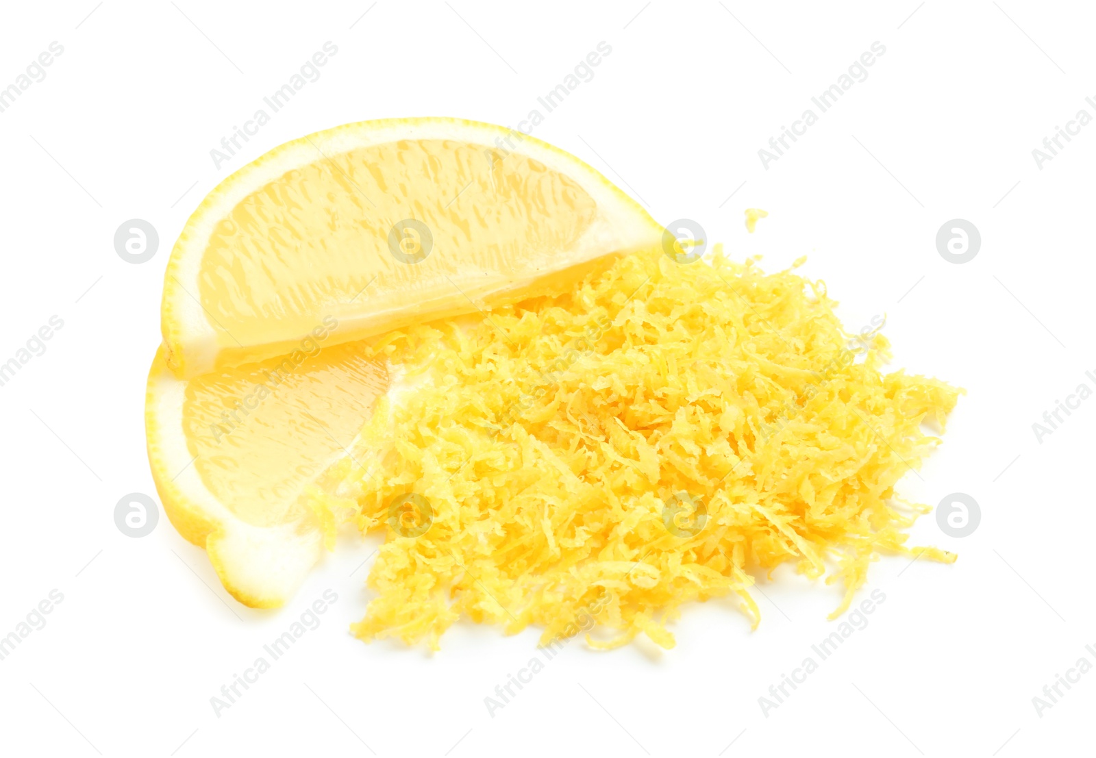 Photo of Fresh lemon zest and fruit slices isolated on white