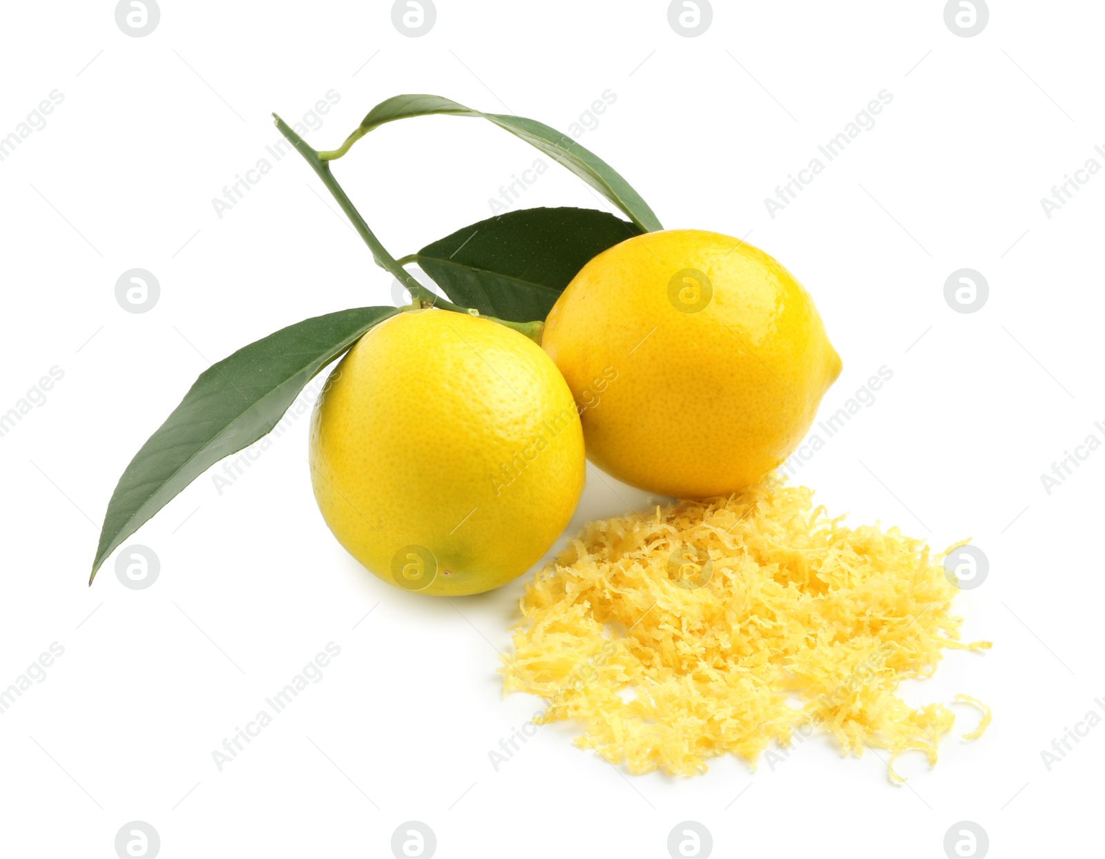 Photo of Lemon zest and fresh fruits isolated on white