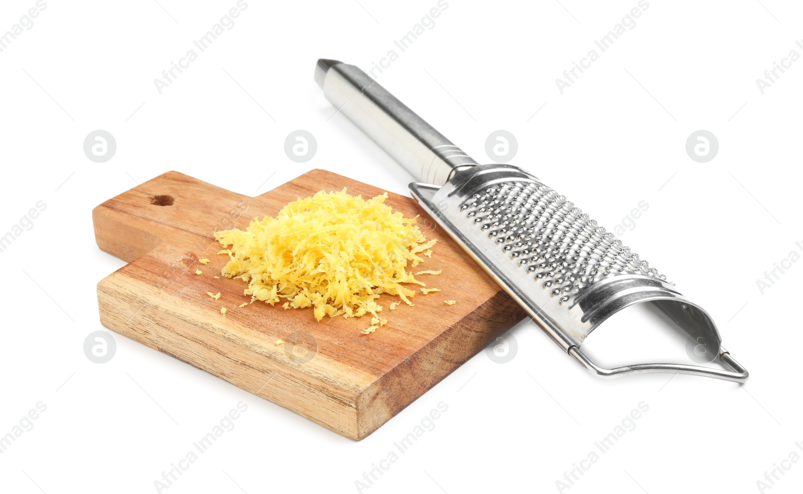 Photo of Fresh lemon zest and grater isolated on white