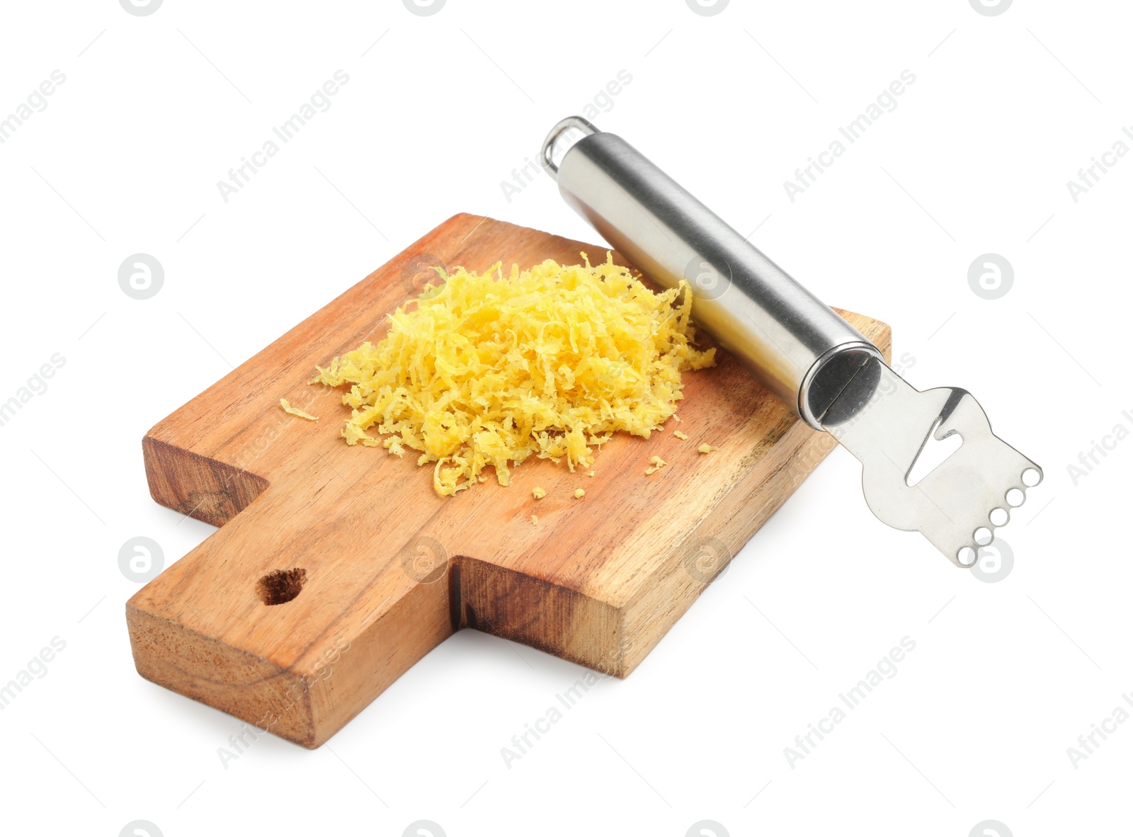 Photo of Lemon zest and zester tool isolated on white