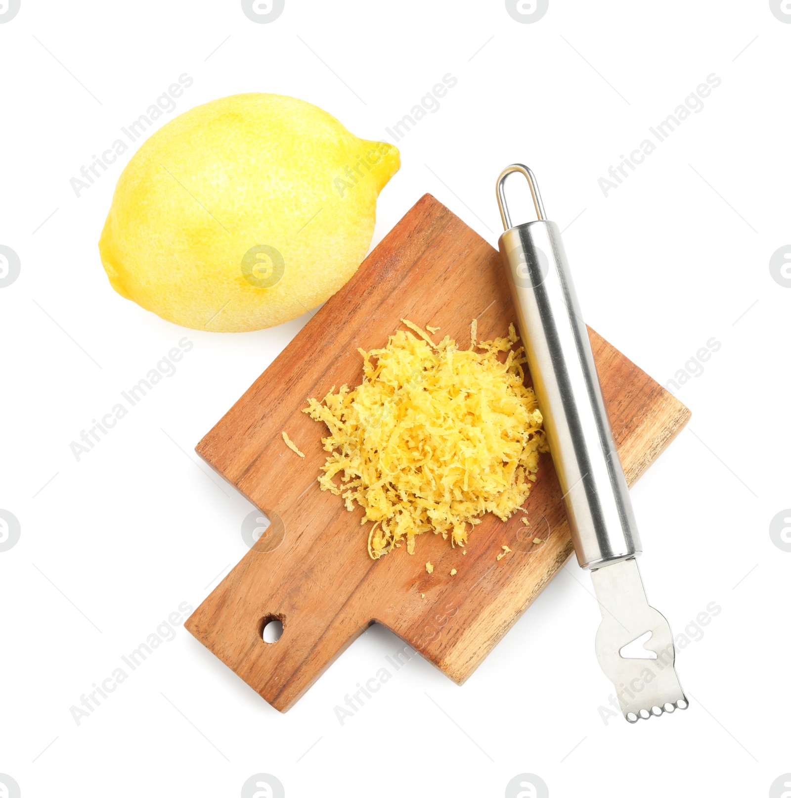 Photo of Lemon zest, fresh fruit and zester tool isolated on white, top view