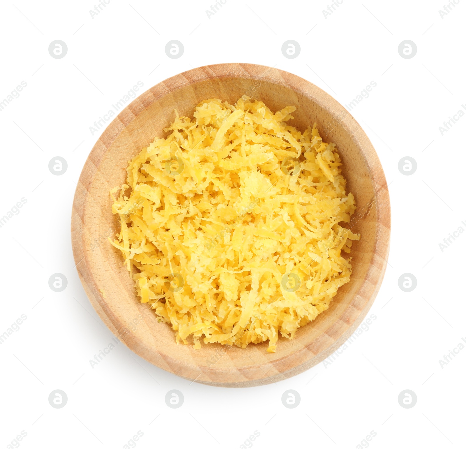 Photo of Fresh lemon zest in bowl isolated on white, top view