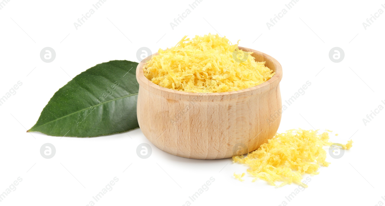 Photo of Fresh lemon zest in bowl and leaf isolated on white