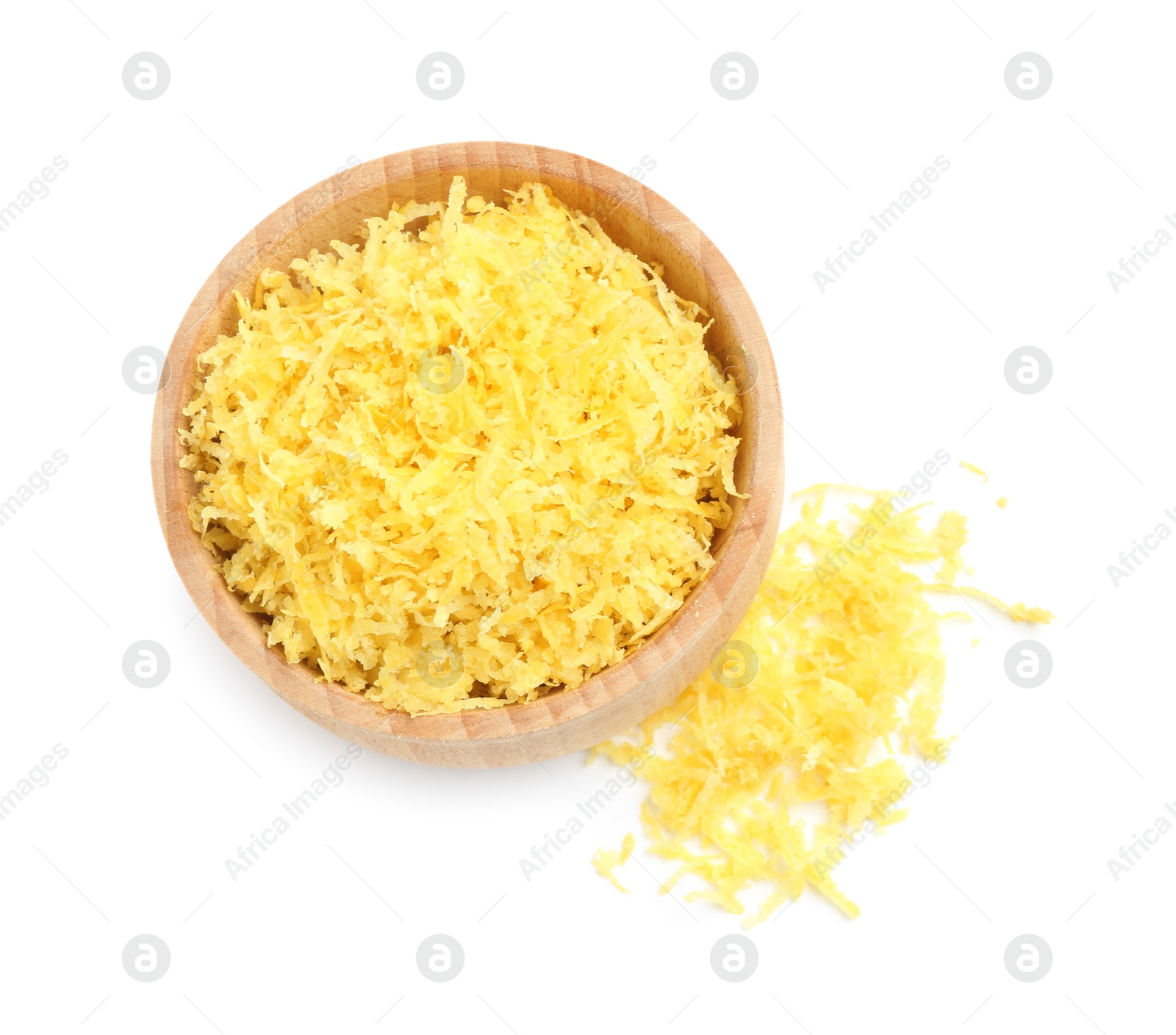 Photo of Fresh lemon zest in bowl isolated on white, top view